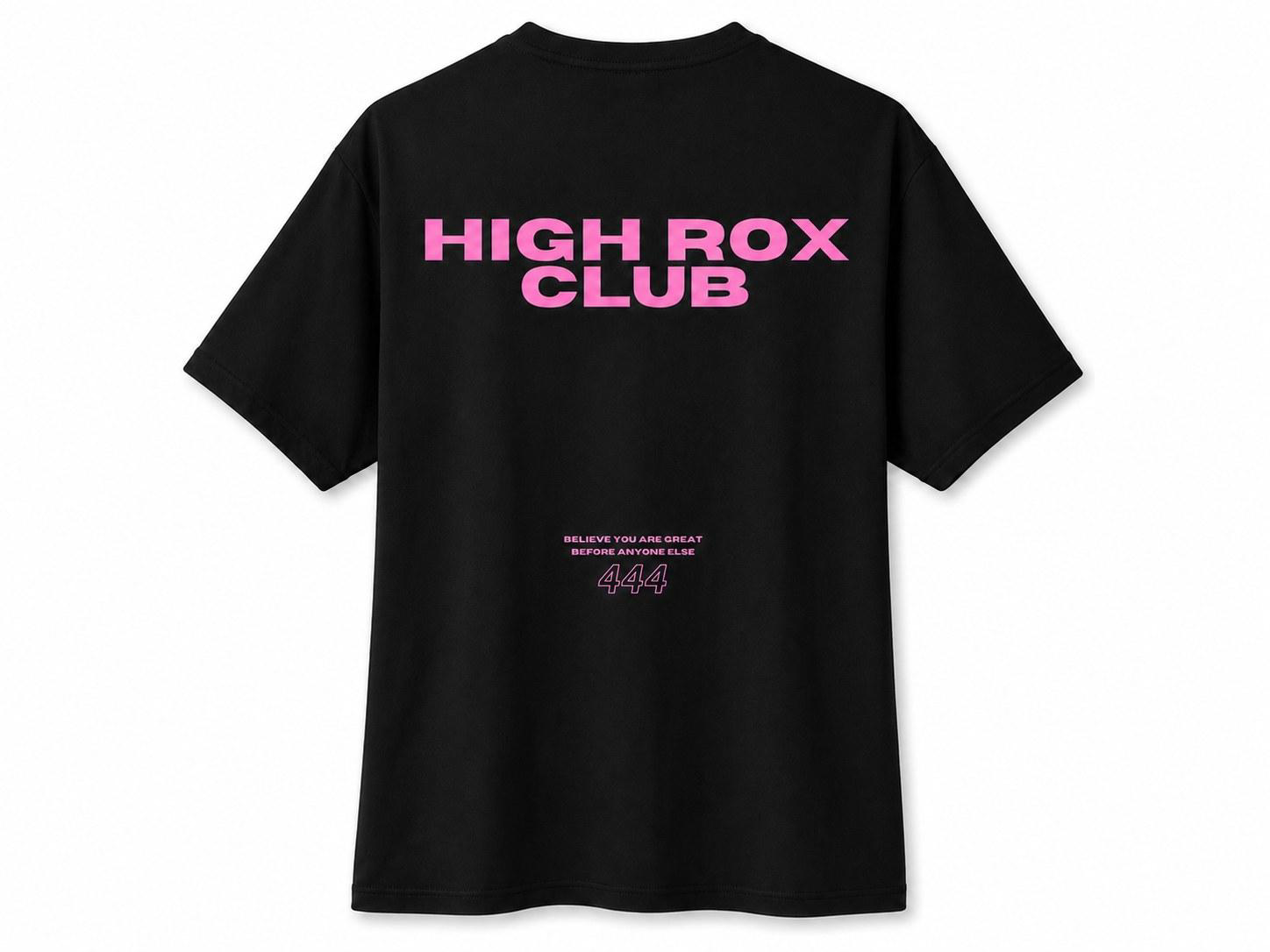 Black relaxed fit tee, back view, with pink High Rox Club type