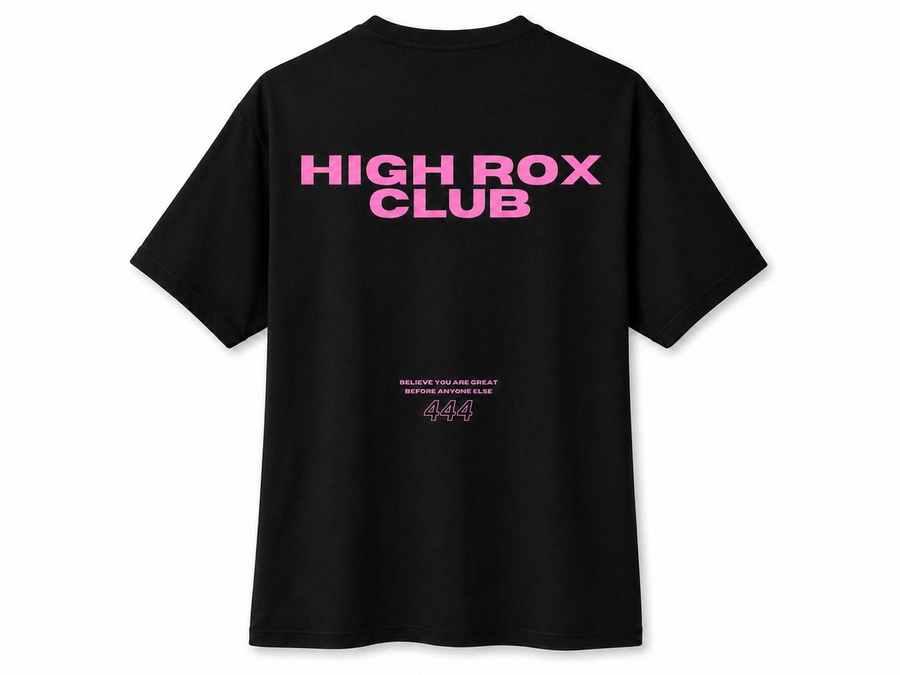 Black relaxed fit tee, back view, with pink High Rox Club type