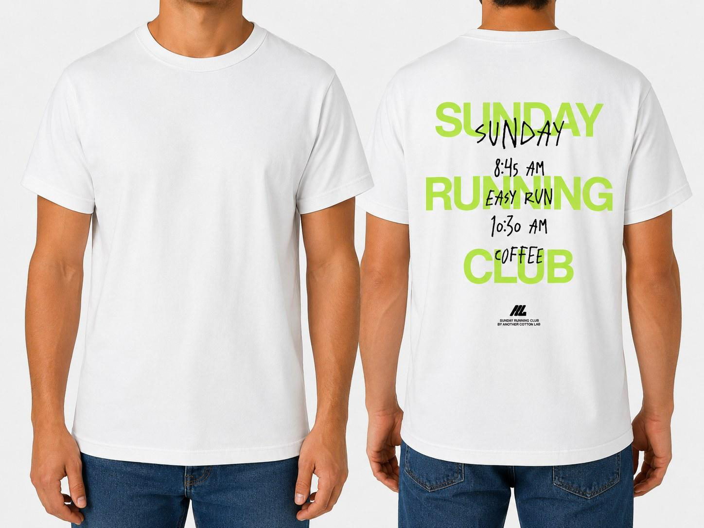 White tee front and back, green and black Sunday Running Club schedule graphic